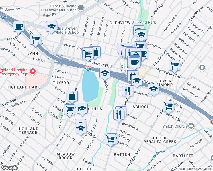map of restaurants, bars, coffee shops, grocery stores, and more near Sheffield Avenue in Oakland