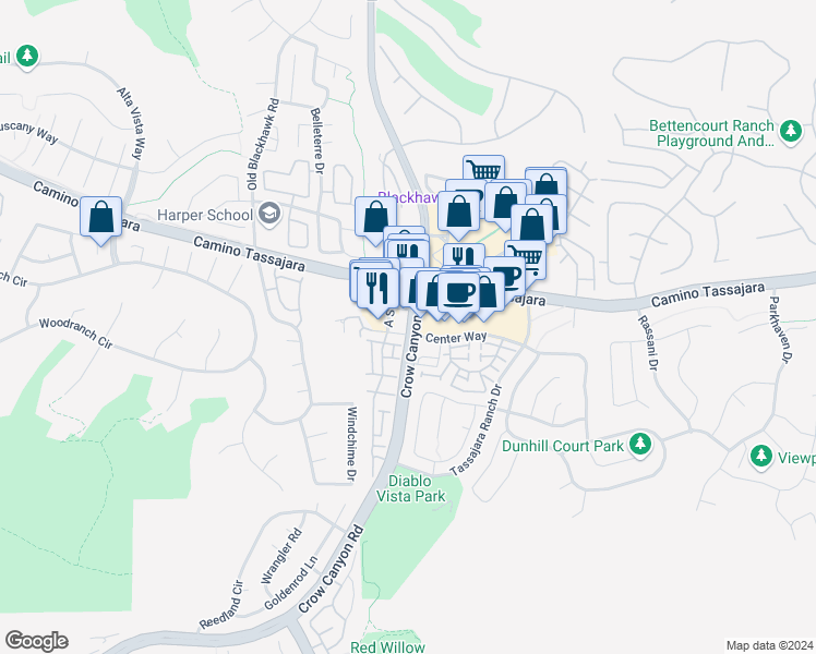 map of restaurants, bars, coffee shops, grocery stores, and more near 8000 Crow Canyon Rd in Danville