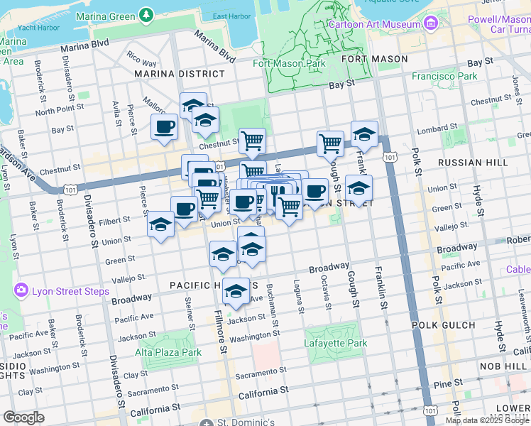 map of restaurants, bars, coffee shops, grocery stores, and more near 1980 Union Street in San Francisco