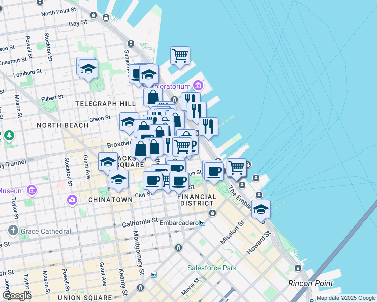 map of restaurants, bars, coffee shops, grocery stores, and more near 660 Davis Street in San Francisco