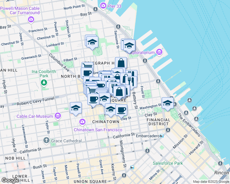 map of restaurants, bars, coffee shops, grocery stores, and more near 350 Broadway in San Francisco