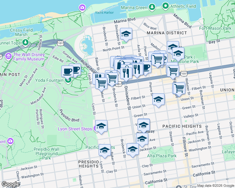 map of restaurants, bars, coffee shops, grocery stores, and more near 2555 Lombard Street in San Francisco