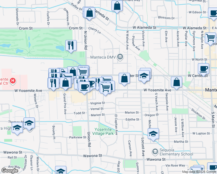 map of restaurants, bars, coffee shops, grocery stores, and more near 1045 West Yosemite Avenue in Manteca