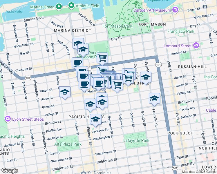 map of restaurants, bars, coffee shops, grocery stores, and more near 1980 Union Street in San Francisco