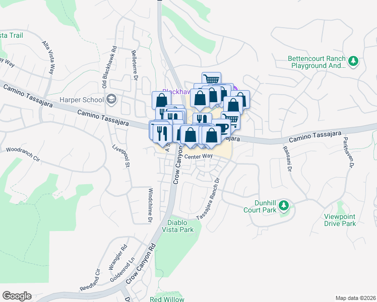 map of restaurants, bars, coffee shops, grocery stores, and more near 3420 Camino Tassajara in Danville