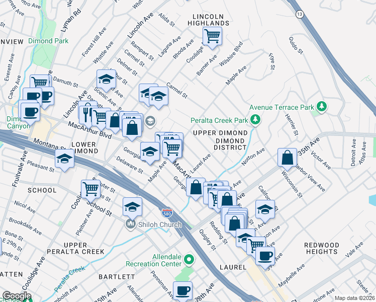 map of restaurants, bars, coffee shops, grocery stores, and more near 3702 Maple Avenue in Oakland