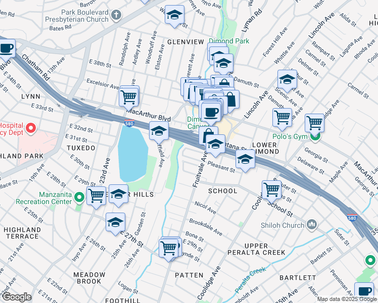 map of restaurants, bars, coffee shops, grocery stores, and more near 2124 Woodbine Avenue in Oakland