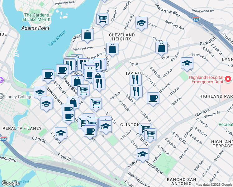 map of restaurants, bars, coffee shops, grocery stores, and more near 1949 7th Avenue in Oakland