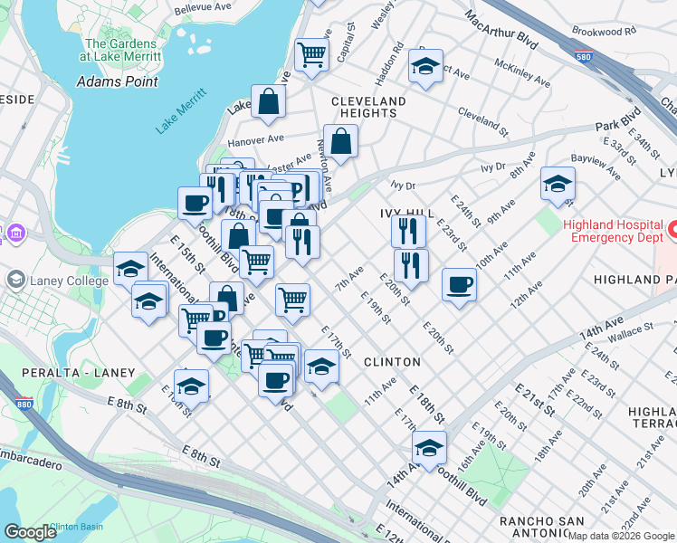 map of restaurants, bars, coffee shops, grocery stores, and more near in Oakland
