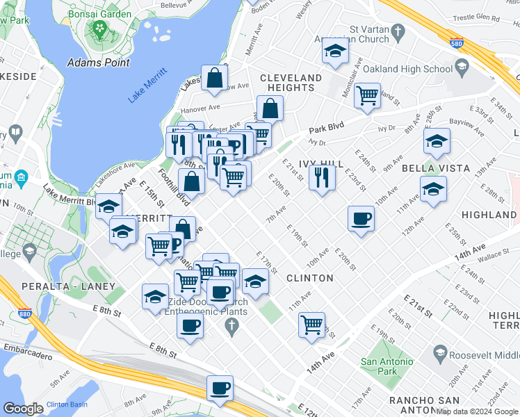 map of restaurants, bars, coffee shops, grocery stores, and more near 536 East 19th Street in Oakland