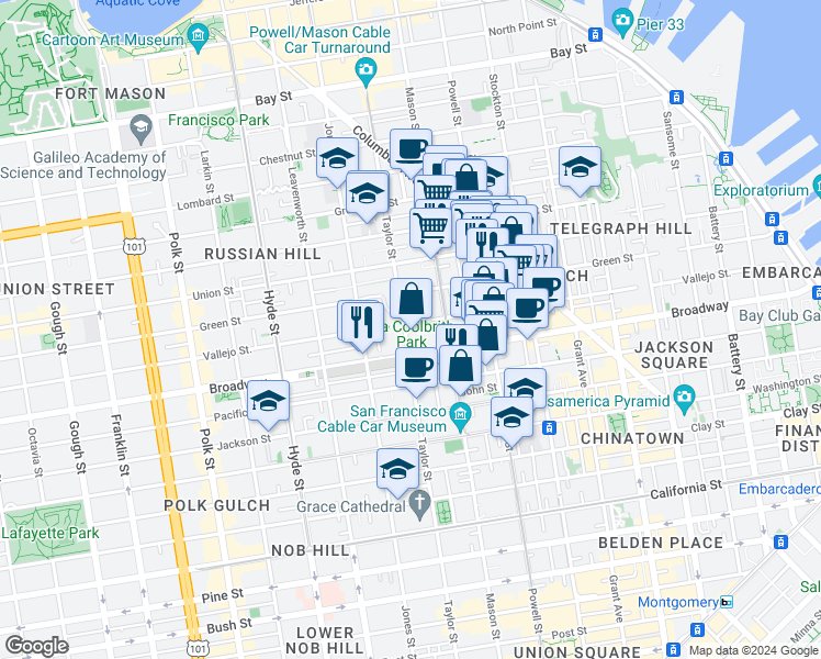map of restaurants, bars, coffee shops, grocery stores, and more near 1750 Taylor Street in San Francisco