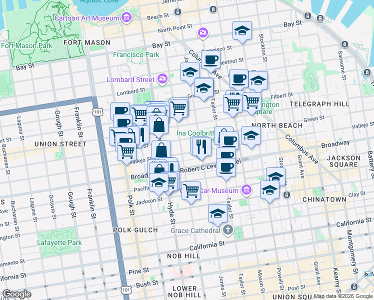 map of restaurants, bars, coffee shops, grocery stores, and more near in San Francisco