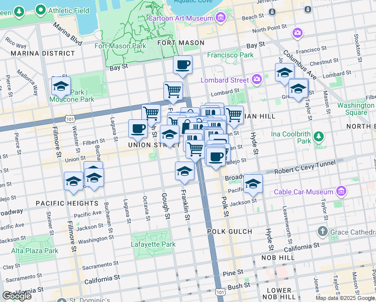 map of restaurants, bars, coffee shops, grocery stores, and more near 2500 Van Ness Avenue in San Francisco
