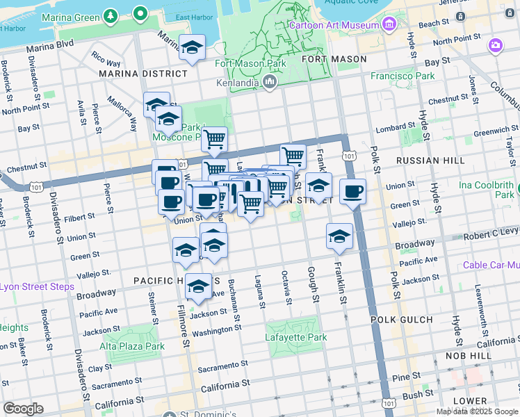 map of restaurants, bars, coffee shops, grocery stores, and more near 1857 Filbert Street in San Francisco