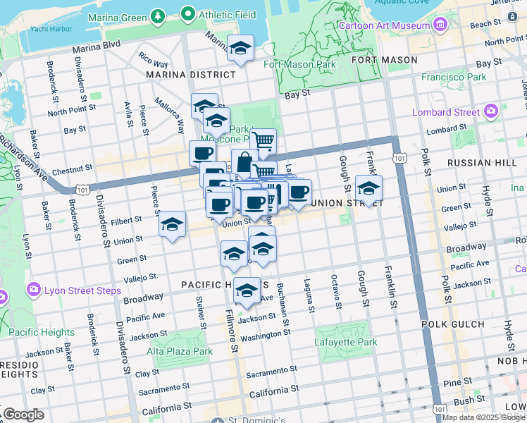 map of restaurants, bars, coffee shops, grocery stores, and more near 2028 Filbert Street in San Francisco