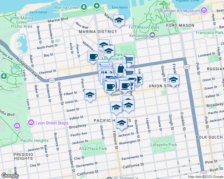 map of restaurants, bars, coffee shops, grocery stores, and more near 113 Pixley Street in San Francisco