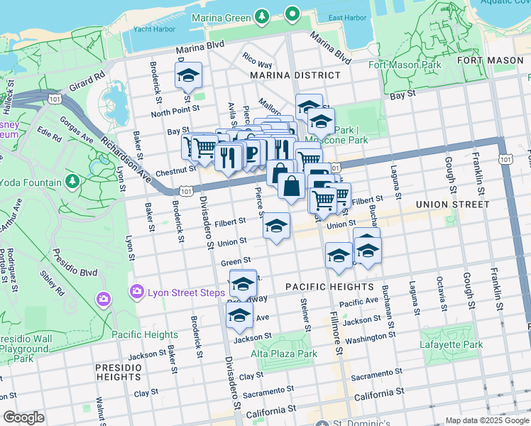 map of restaurants, bars, coffee shops, grocery stores, and more near 2399 Greenwich Street in San Francisco