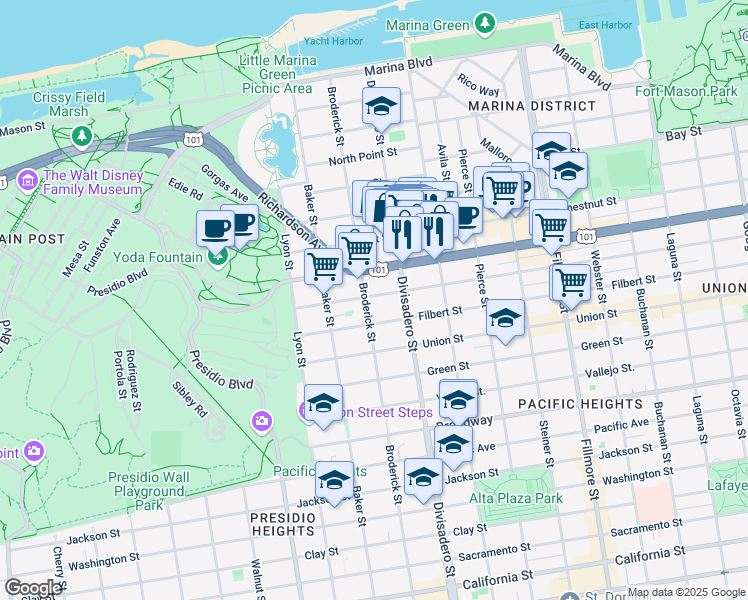 map of restaurants, bars, coffee shops, grocery stores, and more near 2555 Lombard Street in San Francisco