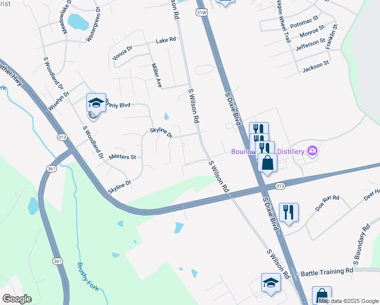 map of restaurants, bars, coffee shops, grocery stores, and more near 115 Skyline Drive in Radcliff