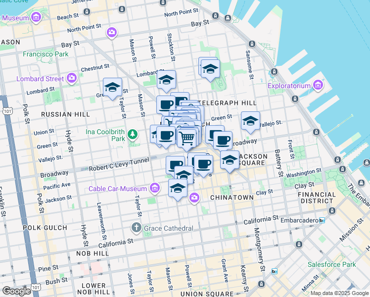 map of restaurants, bars, coffee shops, grocery stores, and more near 729 Vallejo Street in San Francisco