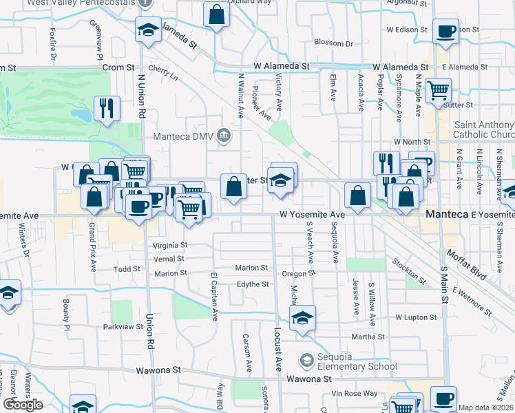 map of restaurants, bars, coffee shops, grocery stores, and more near 823 Joaquin Street in Manteca