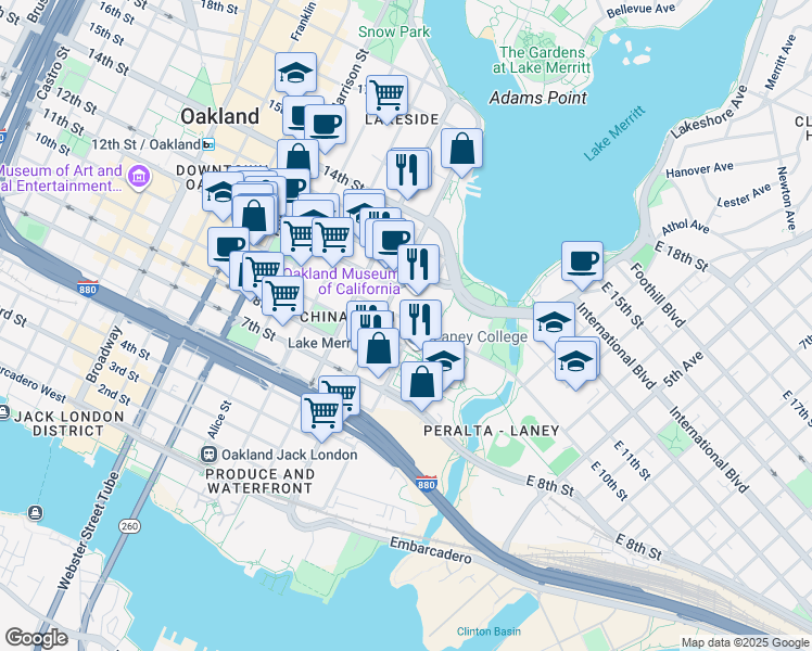 map of restaurants, bars, coffee shops, grocery stores, and more near 59 10th Street in Oakland