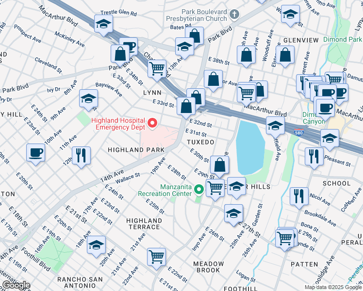 map of restaurants, bars, coffee shops, grocery stores, and more near 1515 East 31st Street in Oakland