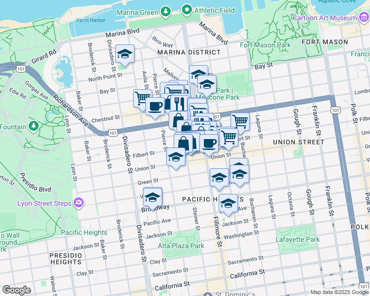 map of restaurants, bars, coffee shops, grocery stores, and more near Filbert St & Steiner St in San Francisco