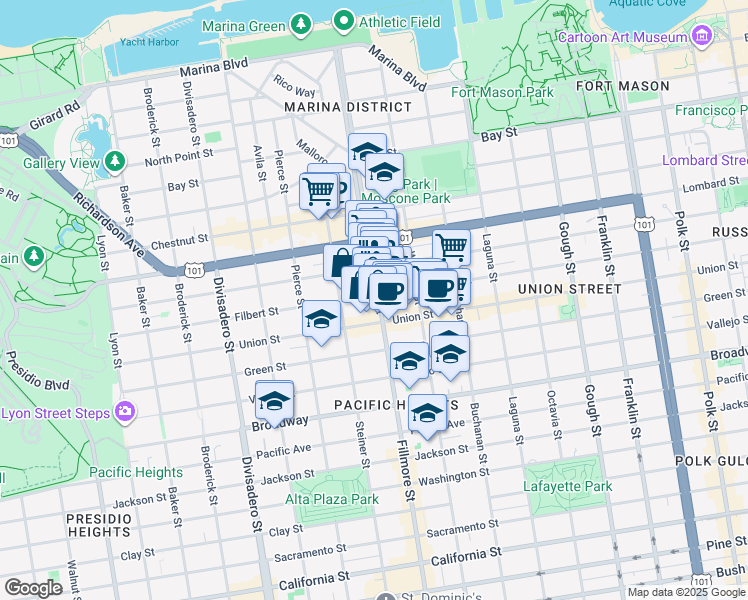 map of restaurants, bars, coffee shops, grocery stores, and more near 201 Pixley Street in San Francisco