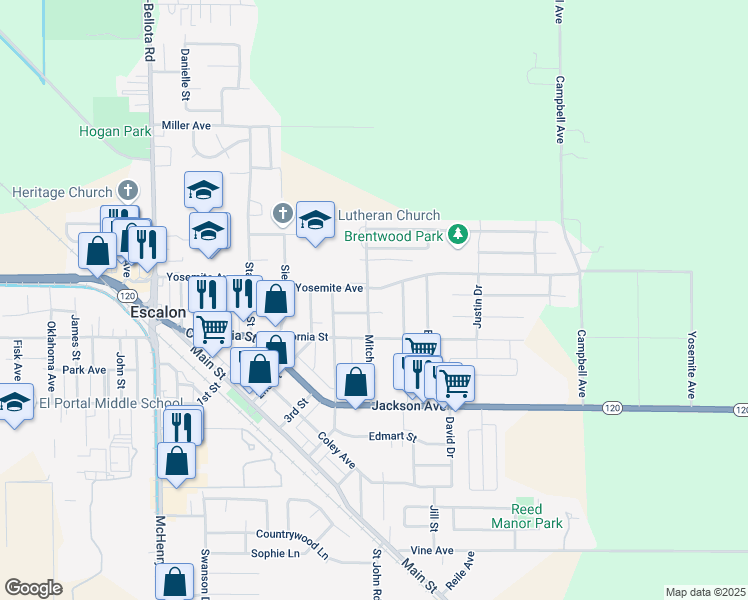 map of restaurants, bars, coffee shops, grocery stores, and more near 2118 Yosemite Avenue in Escalon