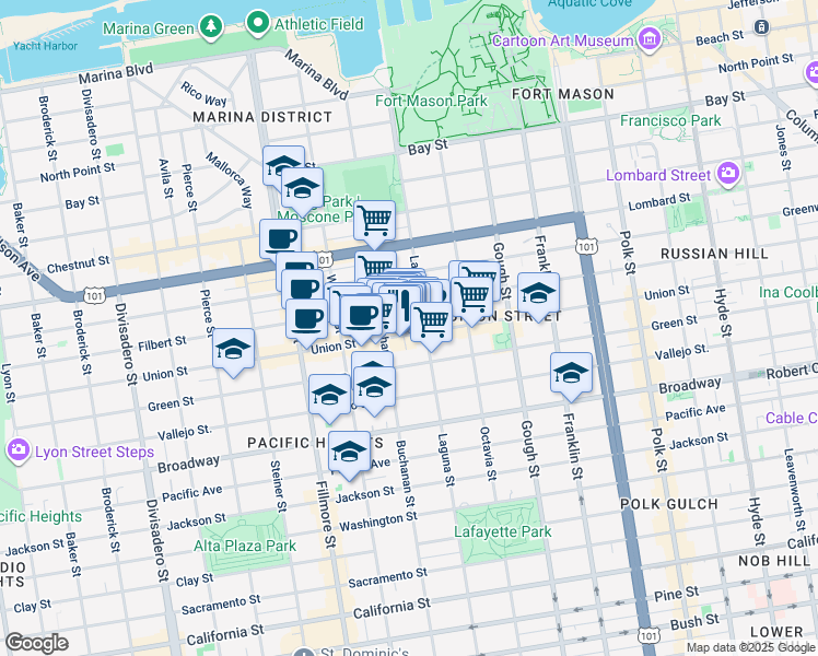 map of restaurants, bars, coffee shops, grocery stores, and more near 1980 Union Street in San Francisco