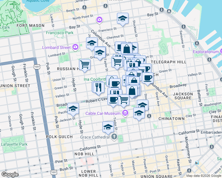 map of restaurants, bars, coffee shops, grocery stores, and more near 1656 Taylor Street in San Francisco