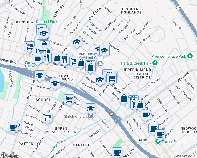 map of restaurants, bars, coffee shops, grocery stores, and more near 2901 MacArthur Boulevard in Oakland