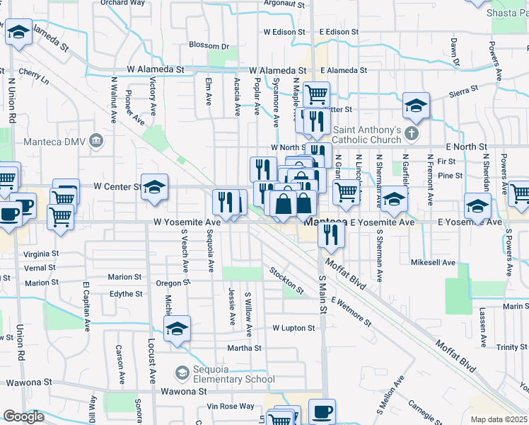 map of restaurants, bars, coffee shops, grocery stores, and more near 111 Manteca Avenue in Manteca
