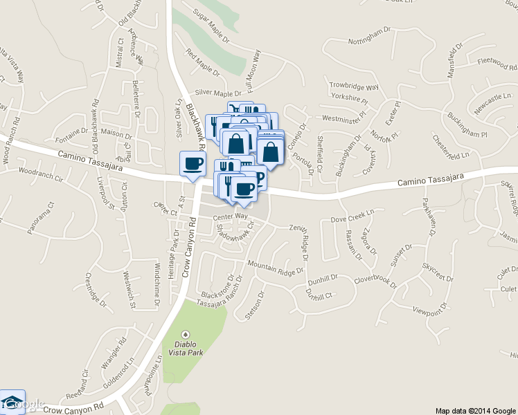 map of restaurants, bars, coffee shops, grocery stores, and more near 3494 Camino Tassajara in Danville