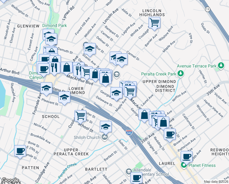 map of restaurants, bars, coffee shops, grocery stores, and more near 2880 MacArthur Boulevard in Oakland