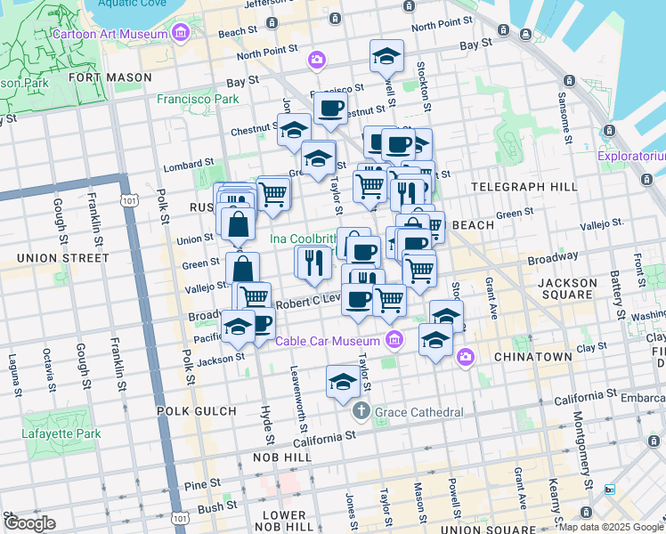 map of restaurants, bars, coffee shops, grocery stores, and more near 1018 Vallejo Street in San Francisco