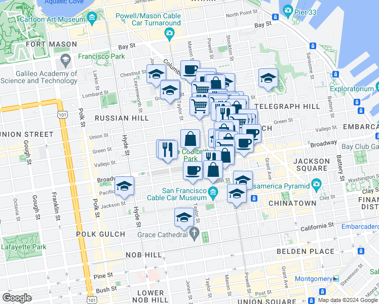 map of restaurants, bars, coffee shops, grocery stores, and more near 1652 Taylor Street in San Francisco