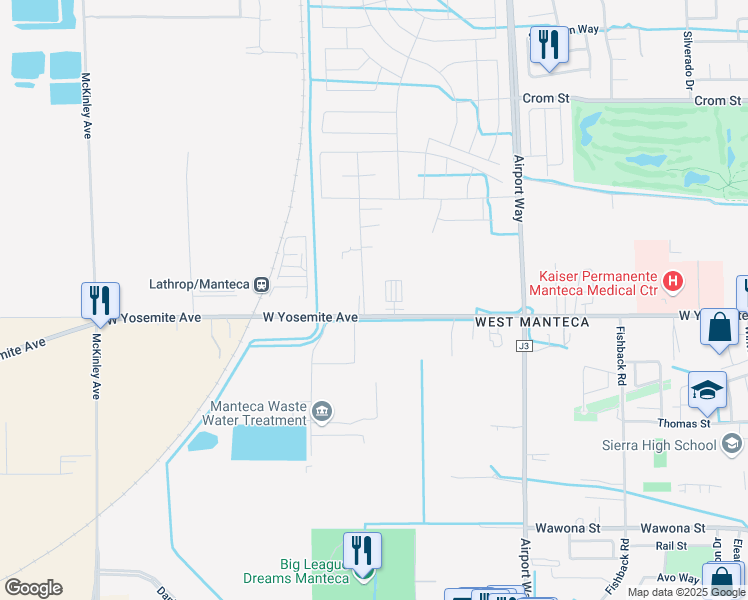 map of restaurants, bars, coffee shops, grocery stores, and more near 140 Swanson Road in Manteca