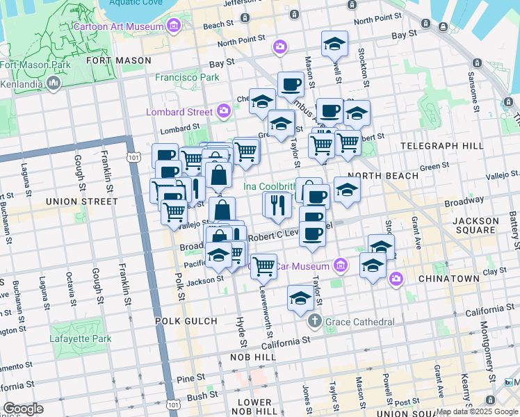 map of restaurants, bars, coffee shops, grocery stores, and more near 1162 Vallejo Street in San Francisco
