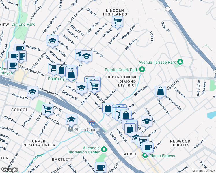 map of restaurants, bars, coffee shops, grocery stores, and more near 3054 Madeline Street in Oakland