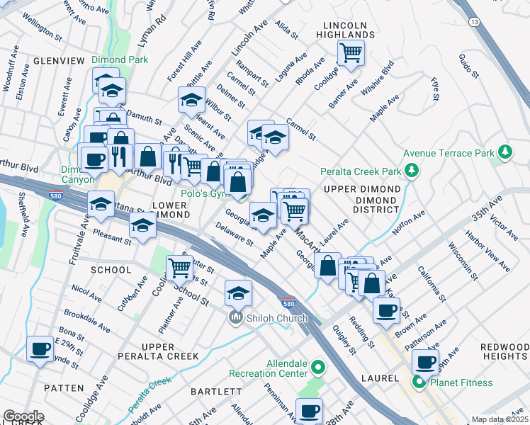 map of restaurants, bars, coffee shops, grocery stores, and more near 2880 MacArthur Boulevard in Oakland