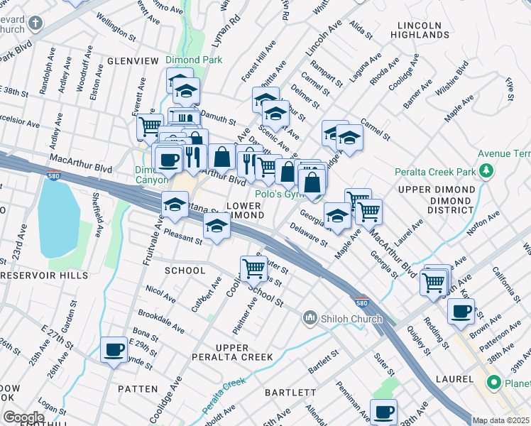 map of restaurants, bars, coffee shops, grocery stores, and more near 3467 Laguna Avenue in Oakland