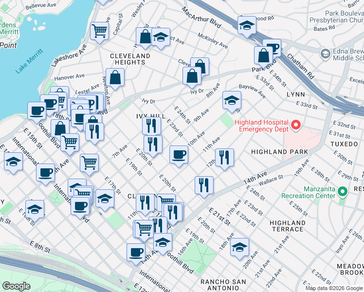 map of restaurants, bars, coffee shops, grocery stores, and more near in Oakland
