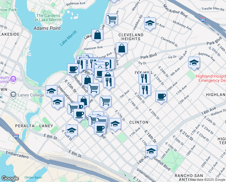 map of restaurants, bars, coffee shops, grocery stores, and more near in Oakland