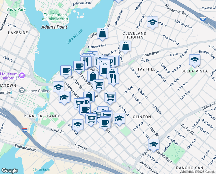 map of restaurants, bars, coffee shops, grocery stores, and more near in Oakland