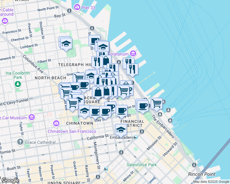 map of restaurants, bars, coffee shops, grocery stores, and more near 747 Front Street in San Francisco