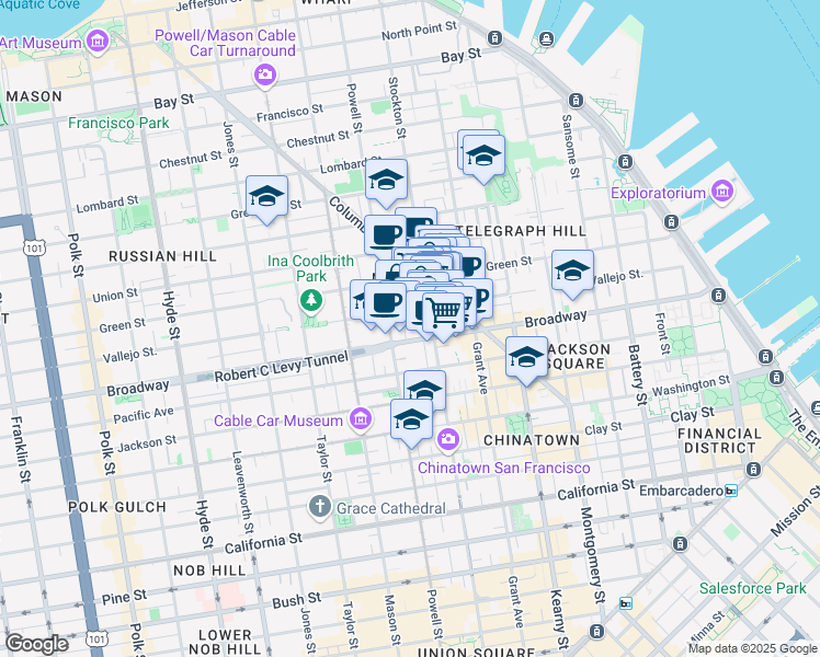 map of restaurants, bars, coffee shops, grocery stores, and more near 729 Vallejo Street in San Francisco