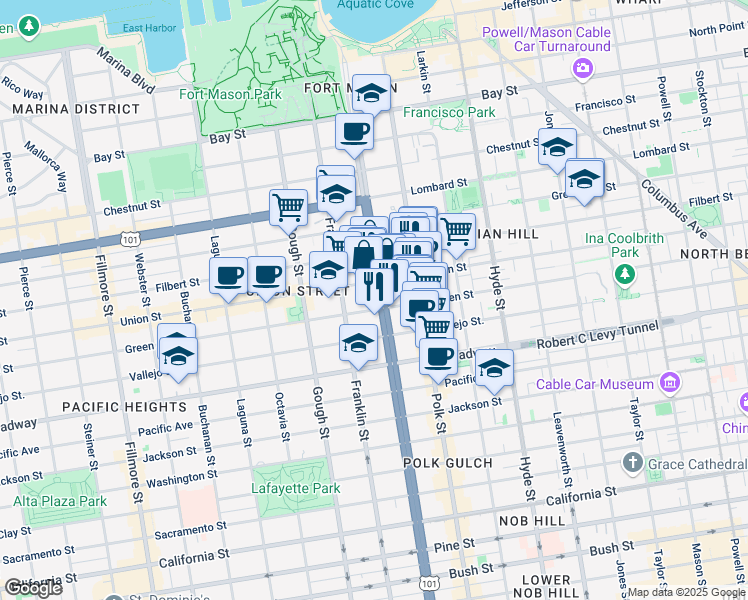 map of restaurants, bars, coffee shops, grocery stores, and more near 2500 Van Ness Avenue in San Francisco