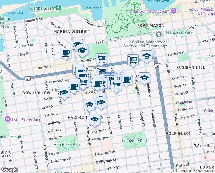 map of restaurants, bars, coffee shops, grocery stores, and more near 1980 Union Street in San Francisco